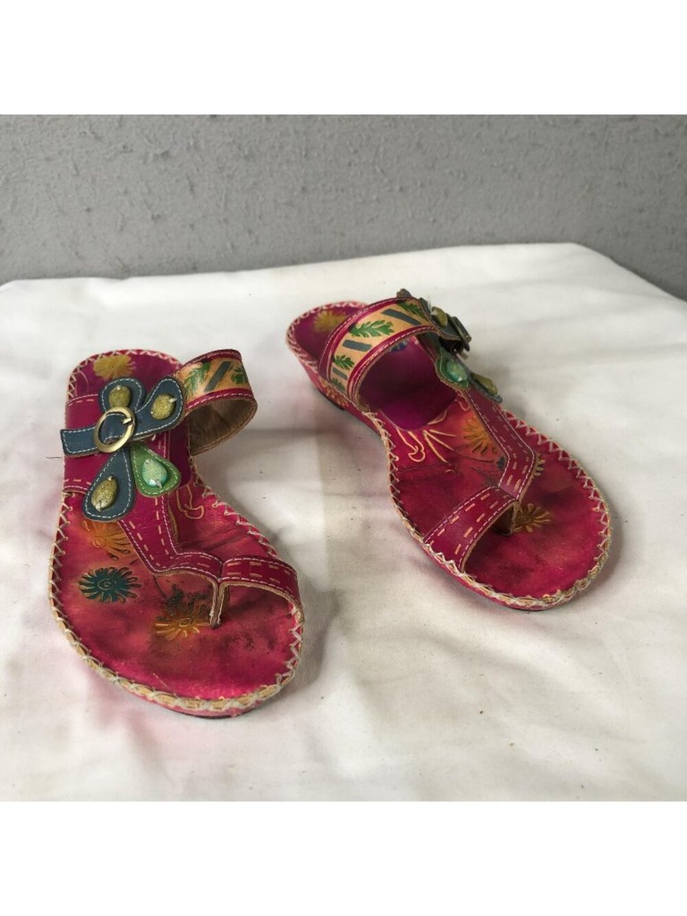 Spring Step L'Artiste Sandals Womens Size 7.5 Pink Leather Botanical Santorini